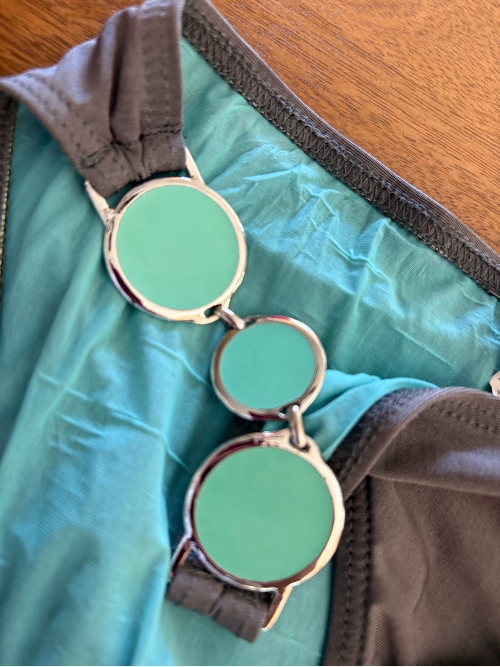 Women's Green and Taupe Bikini Top with Decorative Rings - Picture 2 of 5